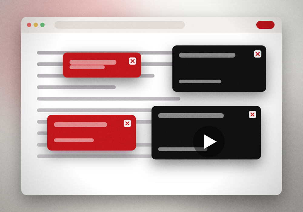 A news portal page covered by banners, prompts and a floating video advert