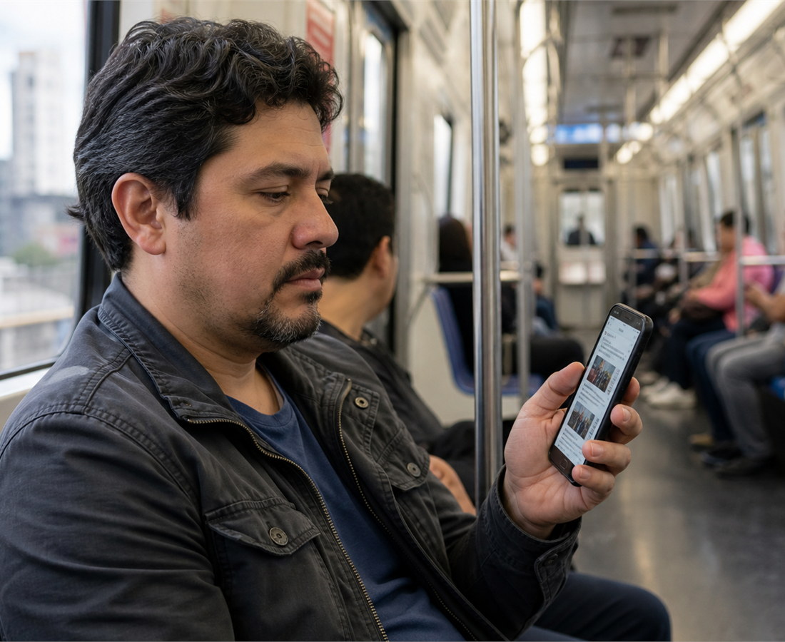 A commuter testing a news article on a phone during a São Paulo metro ride